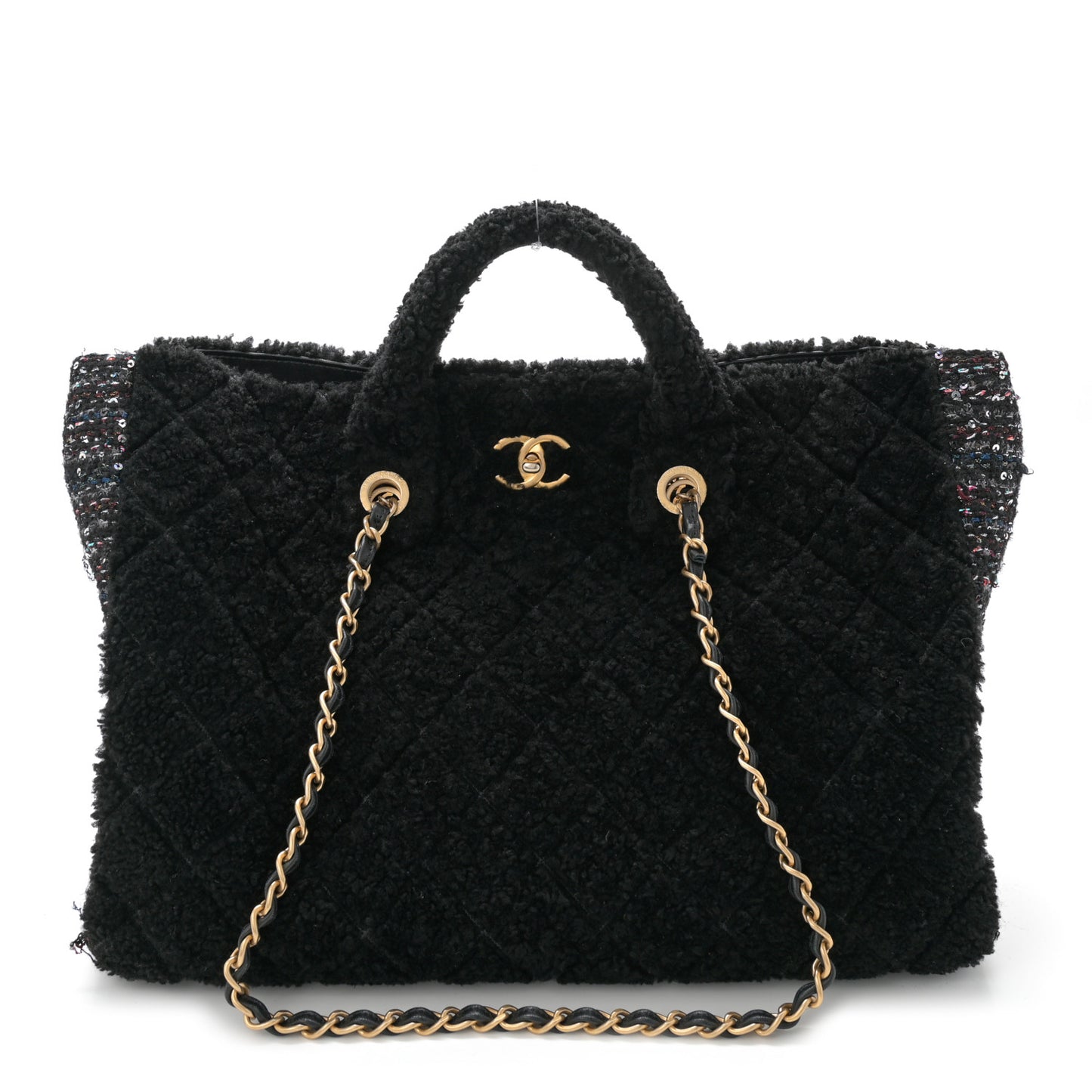 Shearling Sequin Tweed Shopper Tote Black