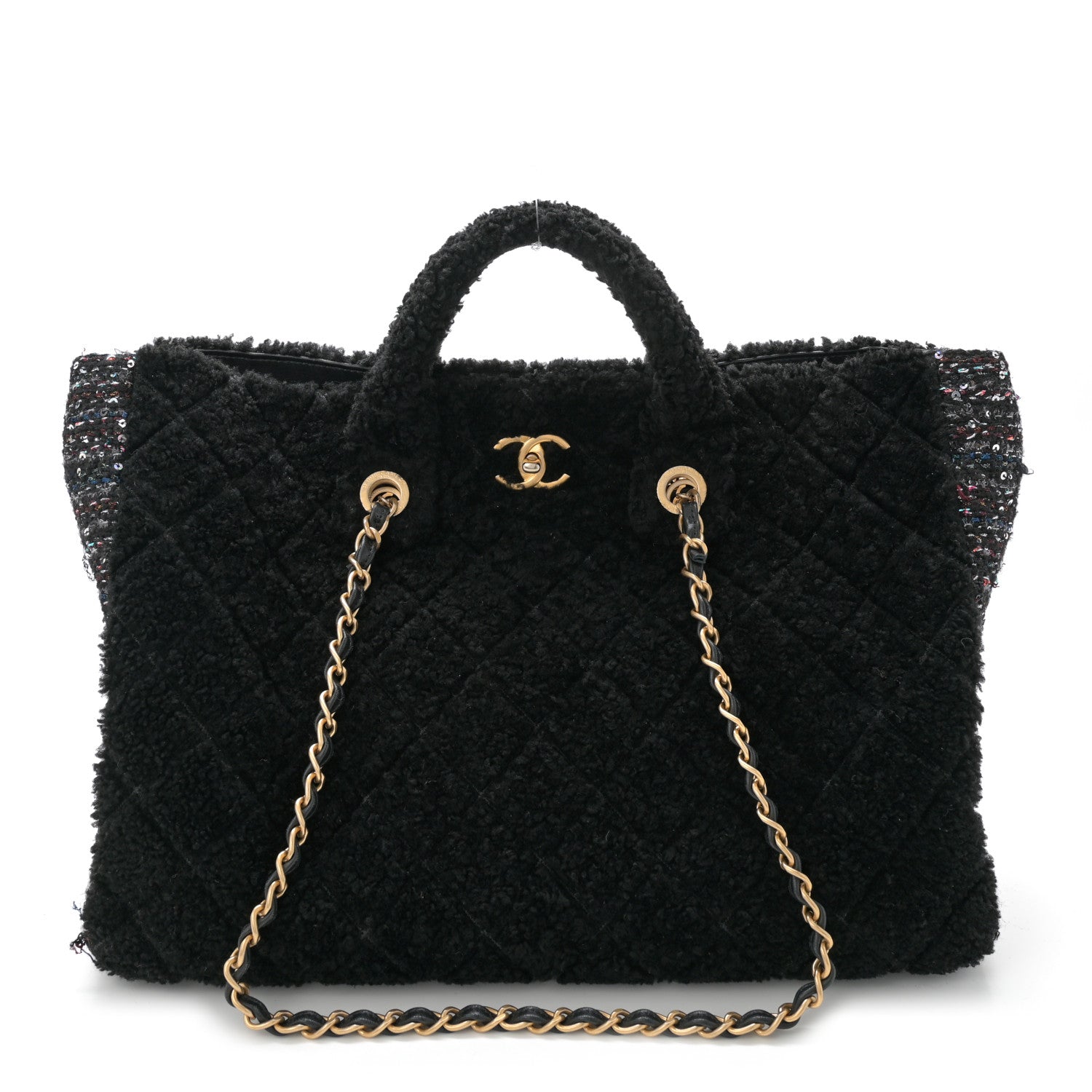 Chanel Shearling Sequin Tweed Shopper Tote Black 1 of 11