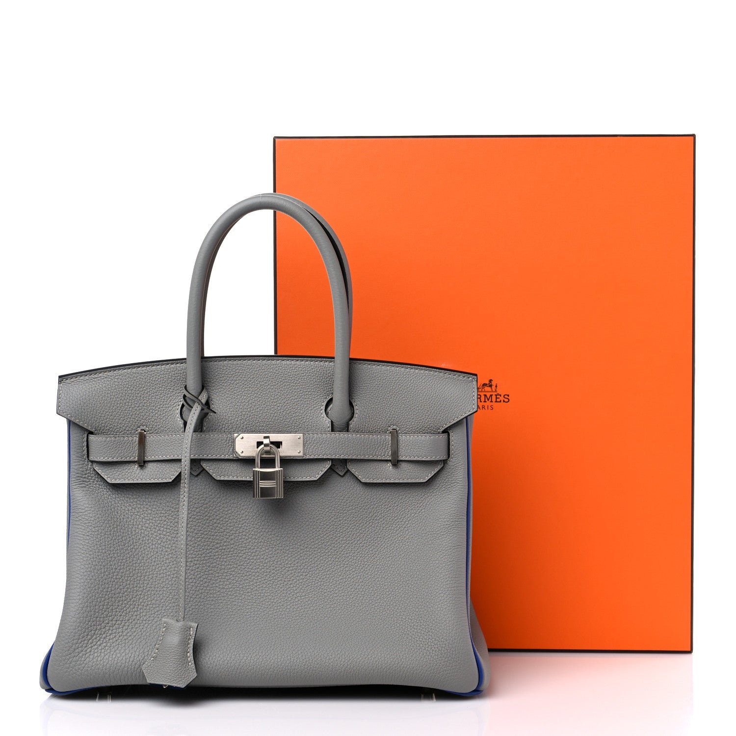 Hermes Togo Horseshoe Birkin 30 Gris Mouette Bleu Electrique 10 of 10