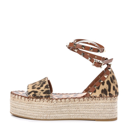 Valentino Garavani Canvas Leopard Print Rockstud Ankle Wrap Espadrille Flatform Sandals 38 Brown 1 of 8