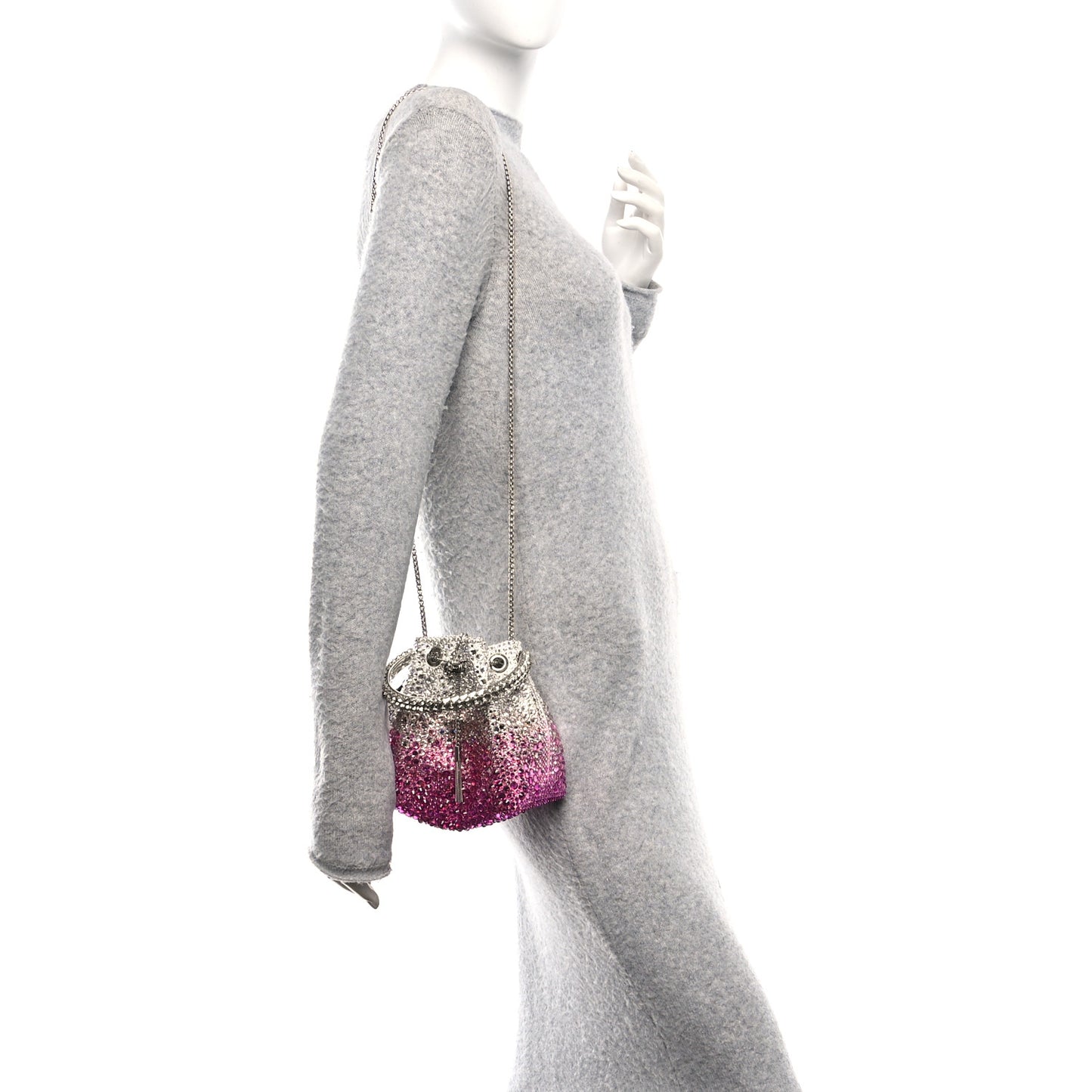 Satin Hotfix Crystal Embellished Bon Bon Bucket Bag Candy Pink Silver