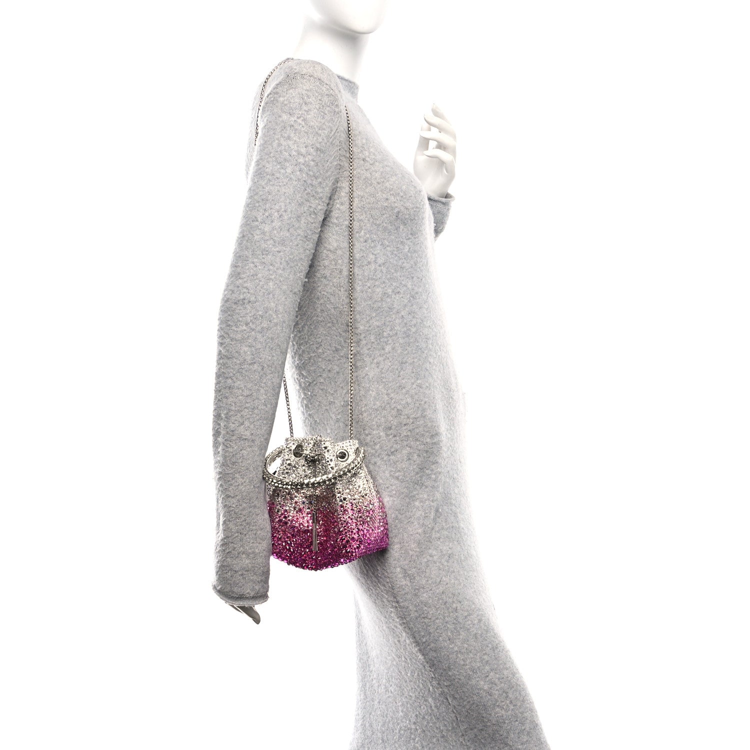 Jimmy Choo Satin Hotfix Crystal Embellished Bon Bon Bucket Bag Candy Pink Silver 2 of 10