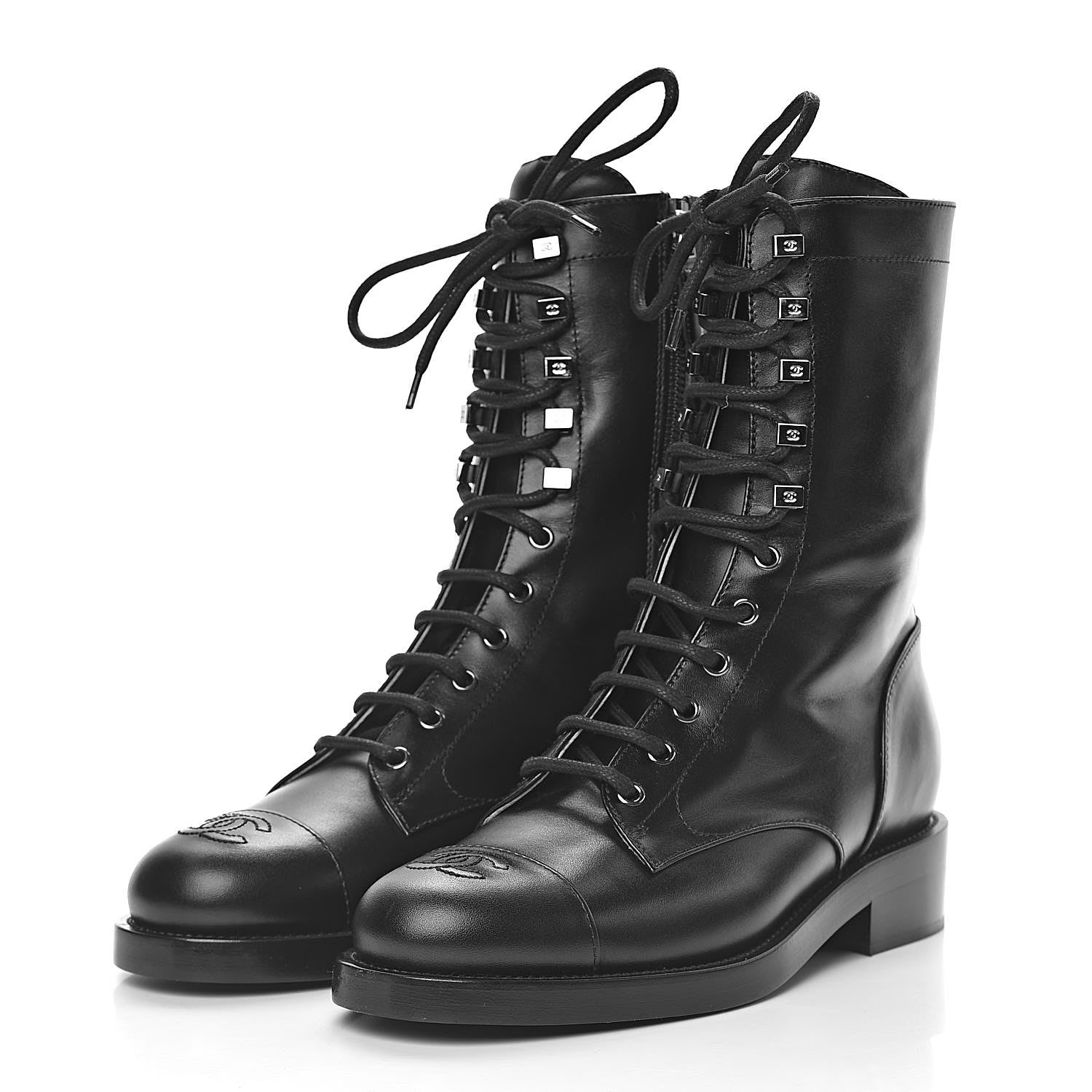 Chanel Calfskin CC Combat Boots 39.5 Black 3 of 9