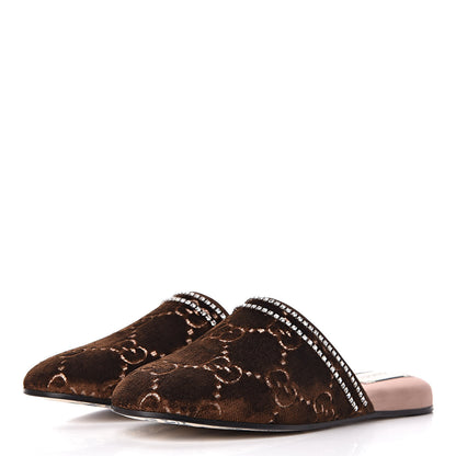 Gucci Velvet GG Monogram Crystal Womens Slippers 38.5 Brown Vintage Cocoa 3 of 8