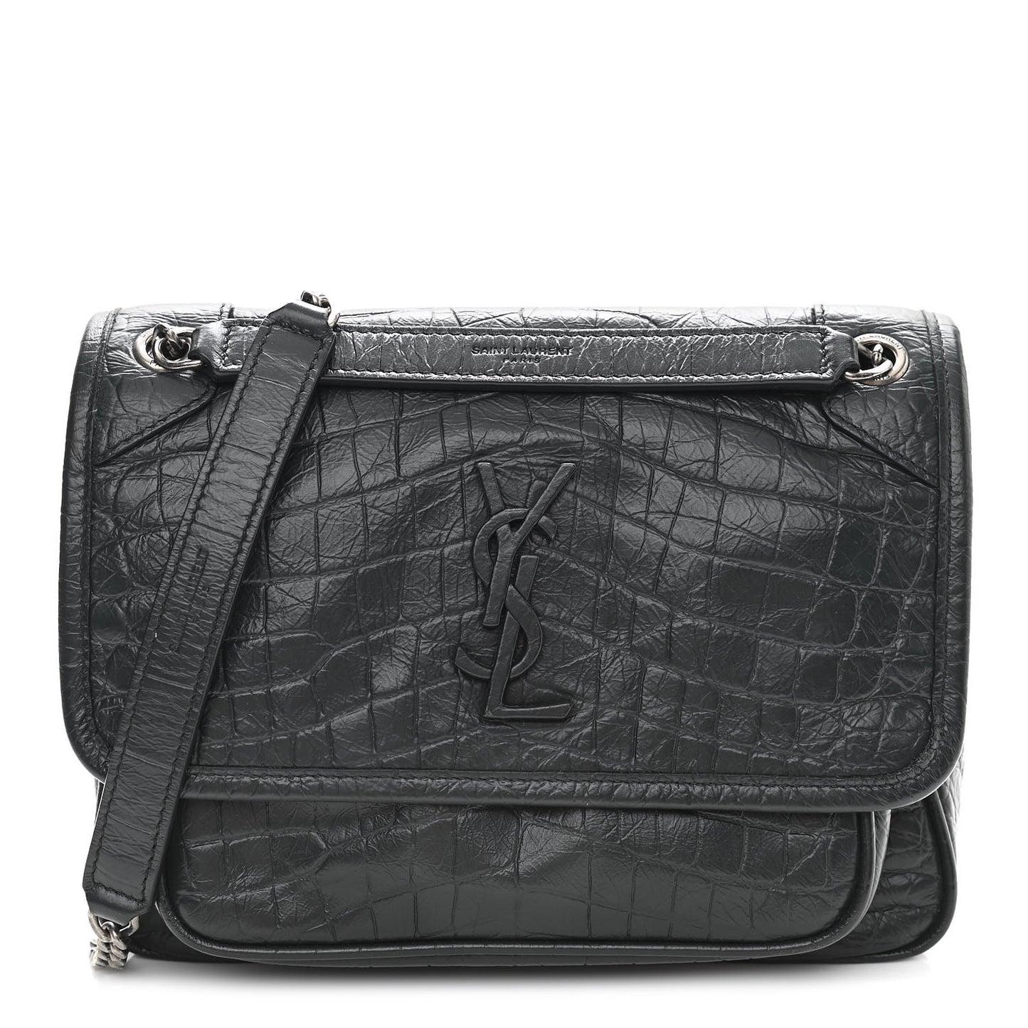 Calfskin Crocodile Embossed Monogram Baby Niki Chain Satchel Algea