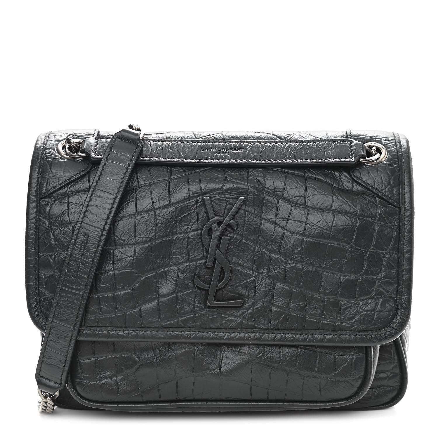 Saint Laurent Calfskin Crocodile Embossed Monogram Baby Niki Chain Satchel Algea 1 of 11