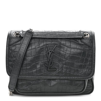 Saint Laurent Calfskin Crocodile Embossed Monogram Baby Niki Chain Satchel Algea 1 of 11