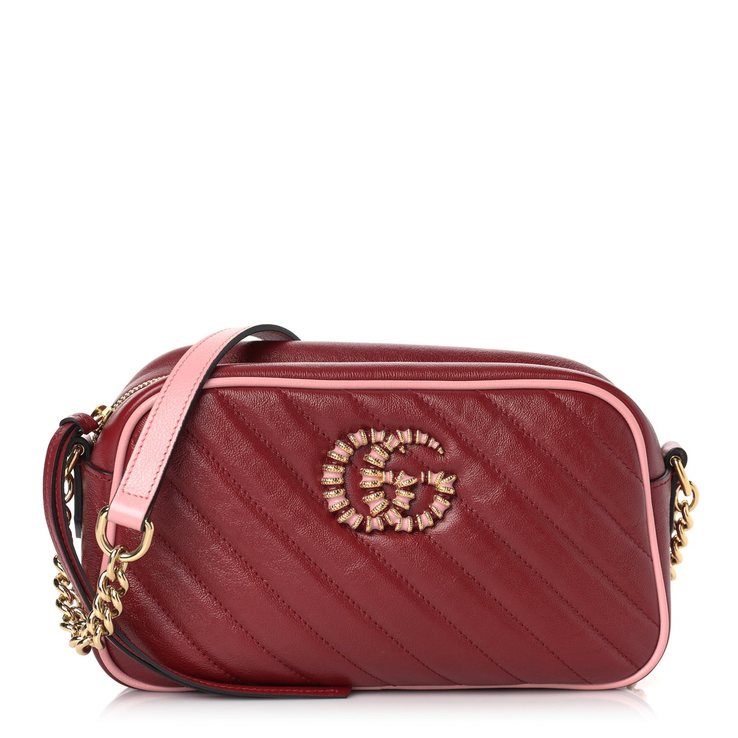 Azalea Calfskin Enamel Matelasse Diagonal Small Torchon GG Marmont Chain Shoulder Bag New Cherry Red Wild Rose