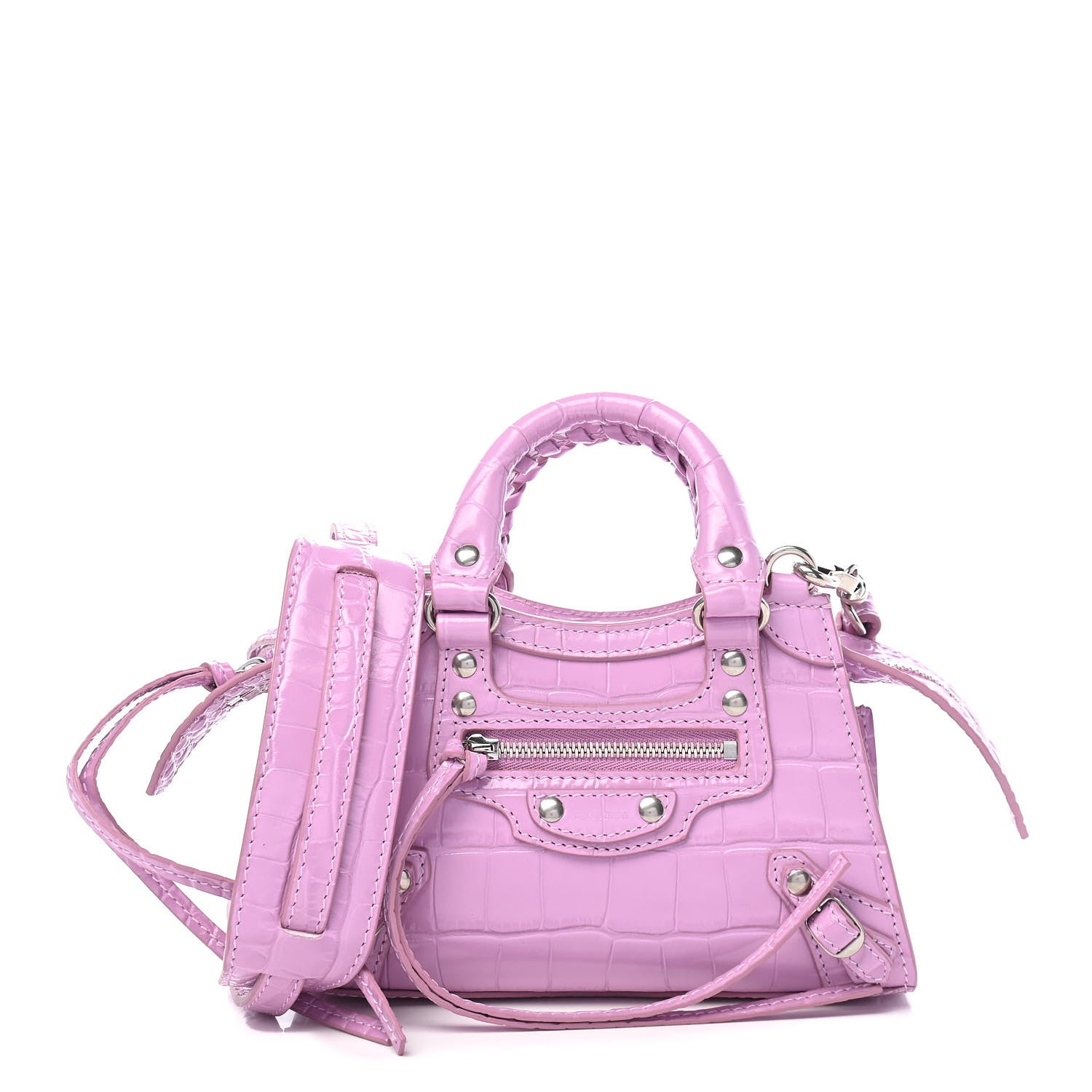 Balenciaga Calfskin Crocodile Embossed Neo Classic Silver Hardware Nano City Crossbody Lilac 1 of 7