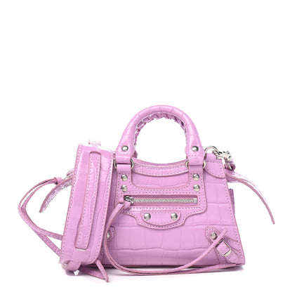 Balenciaga Calfskin Crocodile Embossed Neo Classic Silver Hardware Nano City Crossbody Lilac 1 of 7