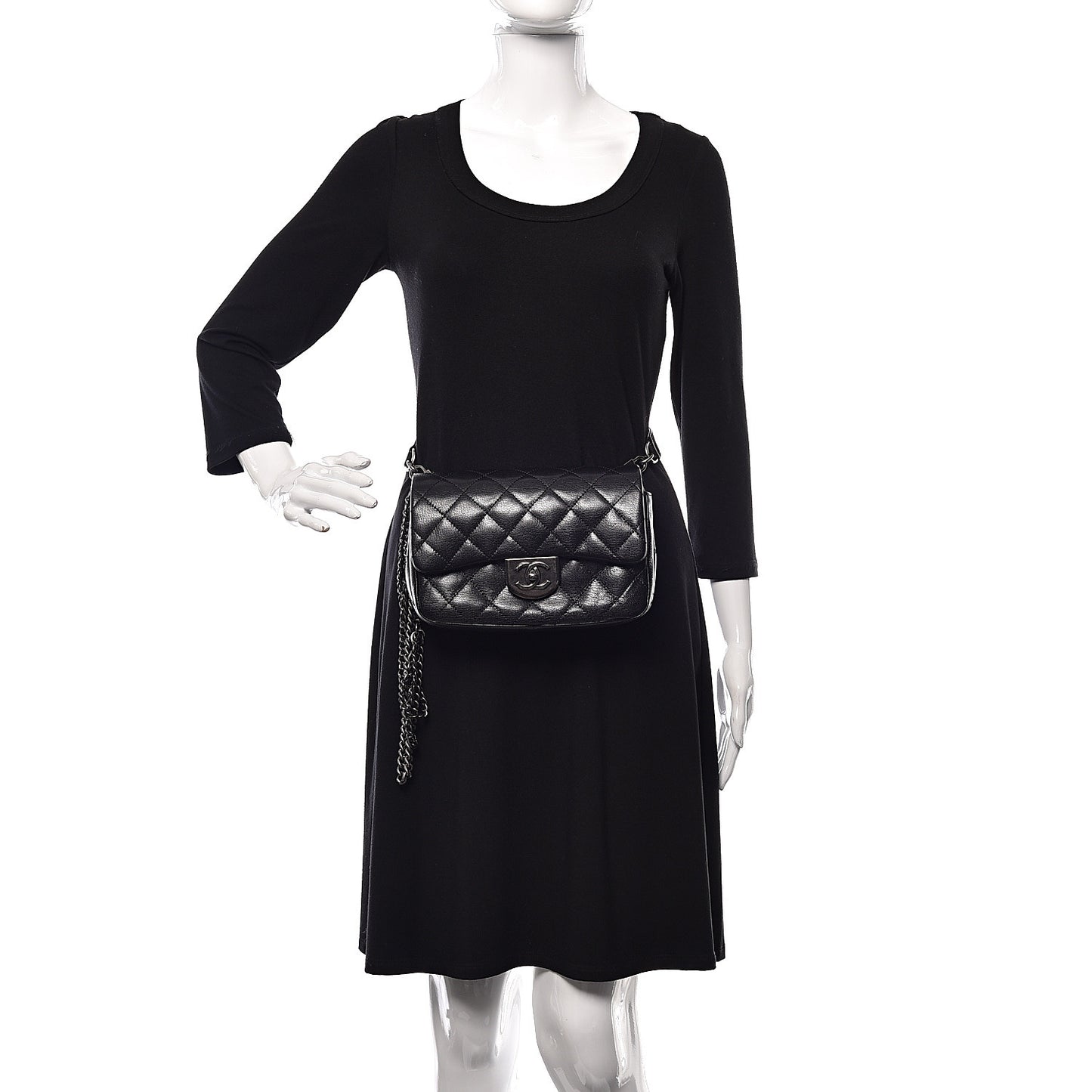 Shiny Goatskin Quilted Small Double Carry Waist Chain Flap Black