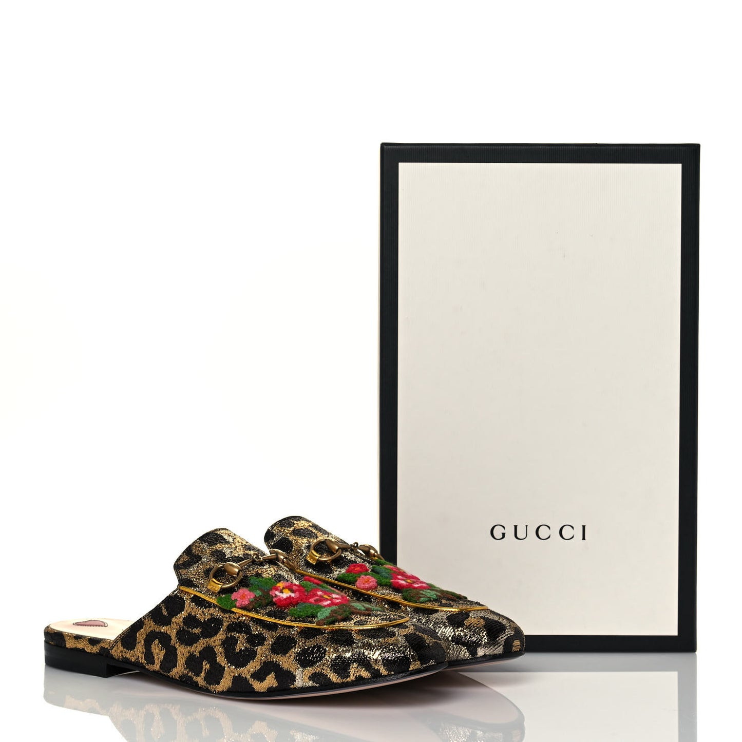 Lurex Jacquard Leopard Embroidered Womens Princetown Slippers 41 Black Gold
