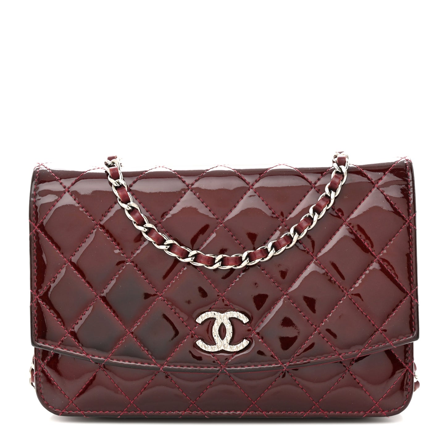 Patent Quilted Brilliant Wallet On Chain WOC Dark Burgundy