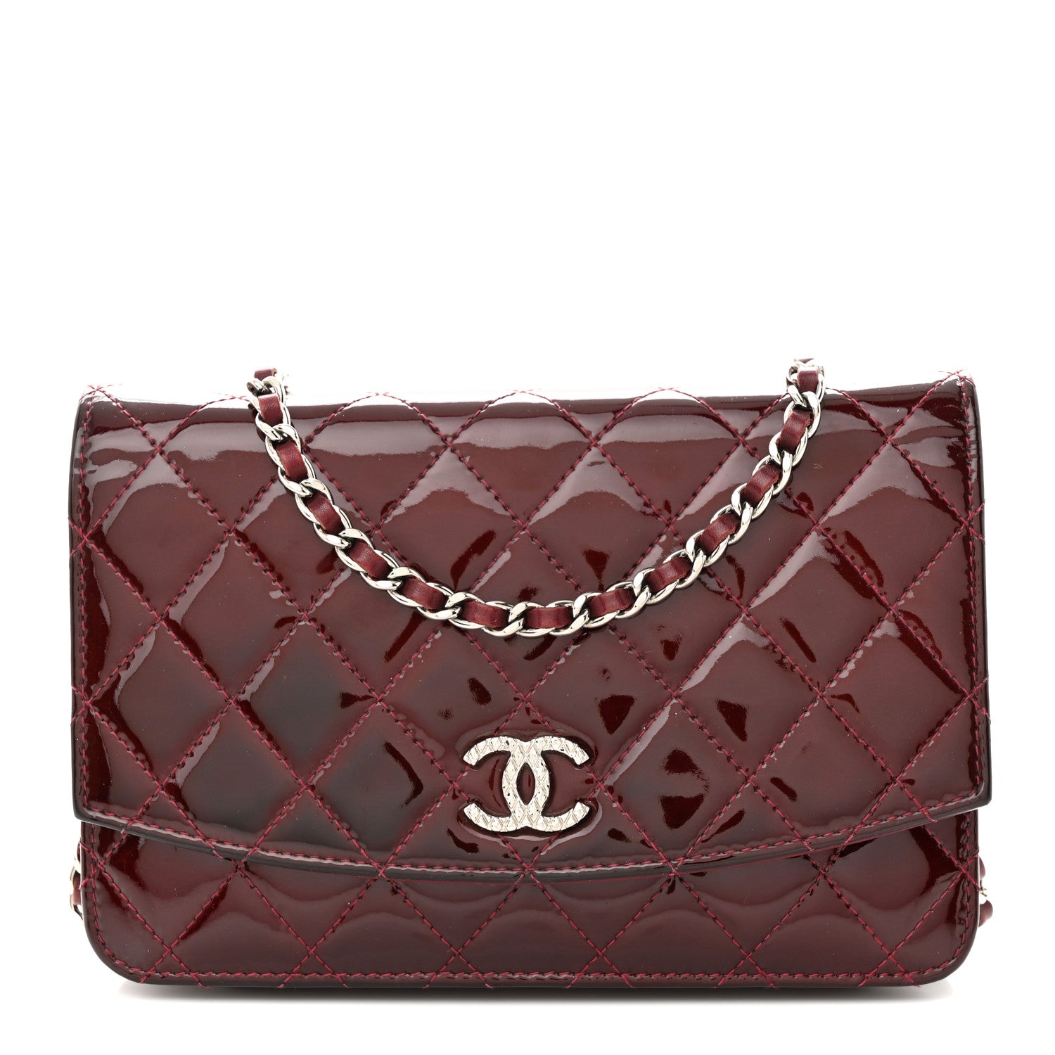 Chanel Patent Quilted Brilliant Wallet On Chain WOC Dark Burgundy 1 of 12