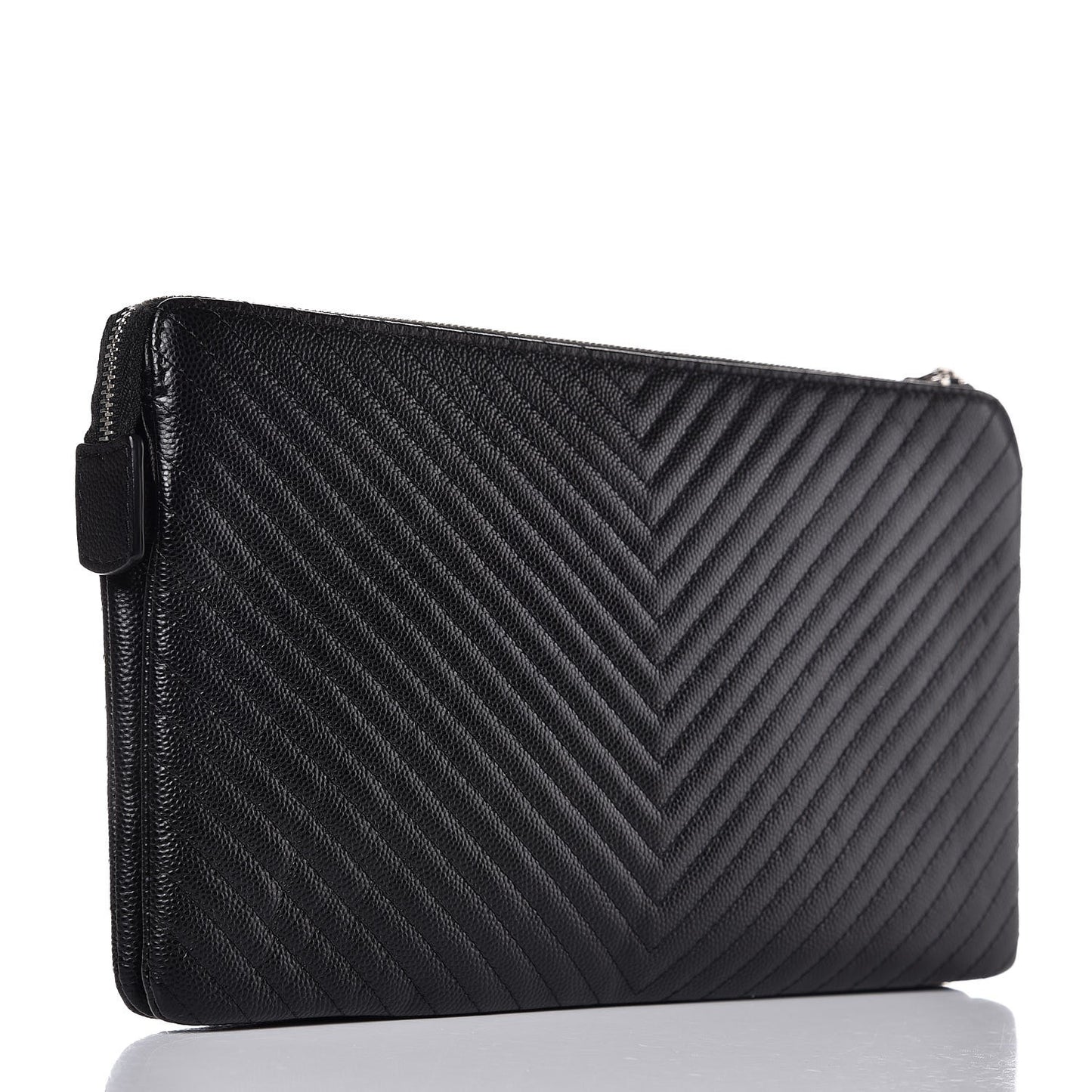 Caviar Chevron Quilted Large Zipped Clutch Black