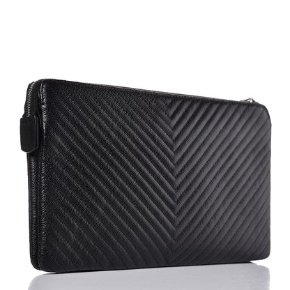Chanel Caviar Chevron Quilted Large Zipped Clutch Black 3 of 8