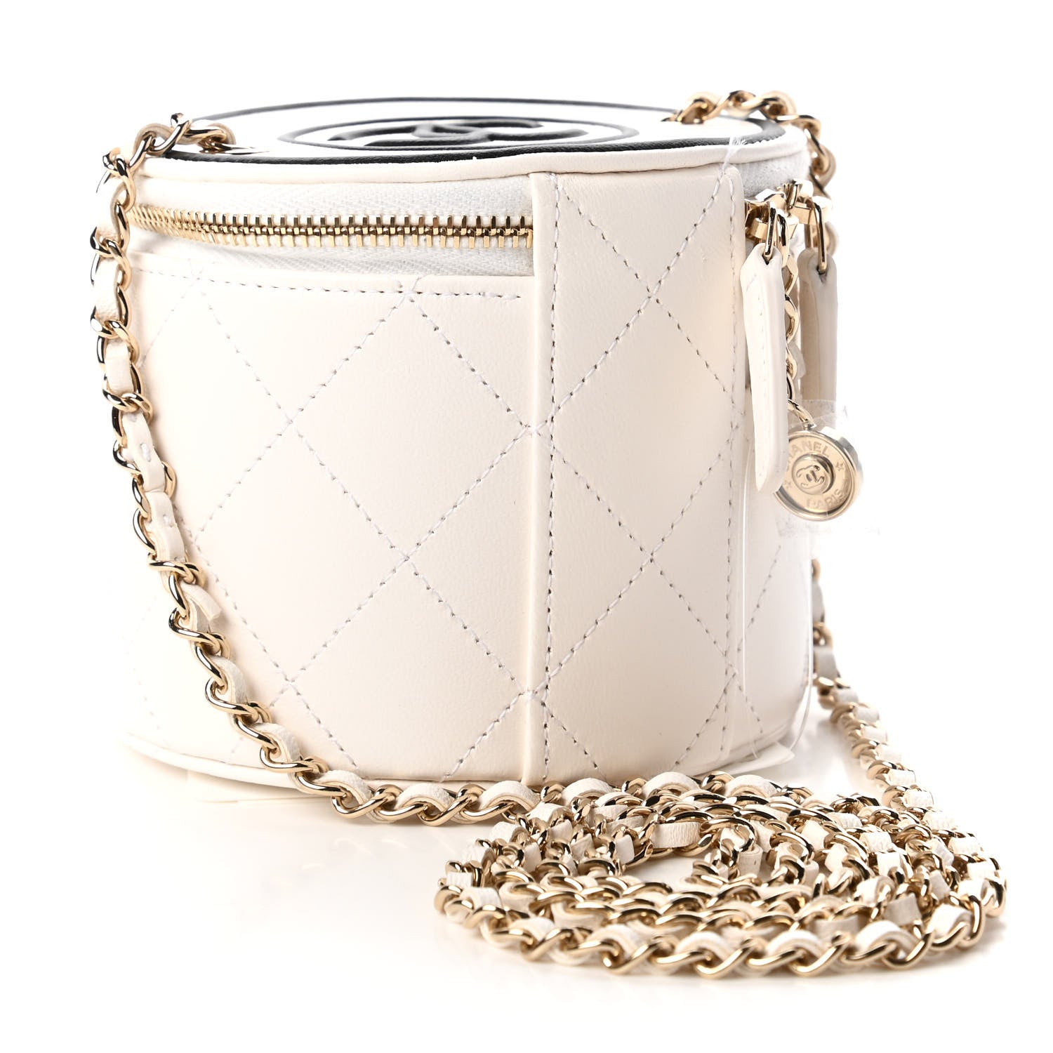 Chanel Lambskin Quilted Round Small Vanity Case With Chain White Black 3 of 11