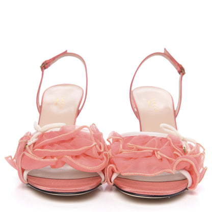 Gucci Tulle Ruffle Mid Heel Slingback Sandals 38 Peach White 2 of 9