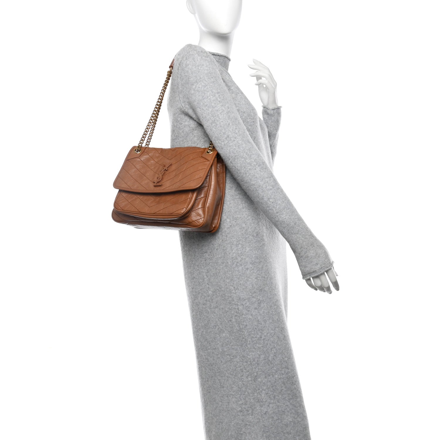 Saint Laurent Crinkled Calfskin Matelasse Monogram Medium Niki Chain Satchel Caramel 2 of 13