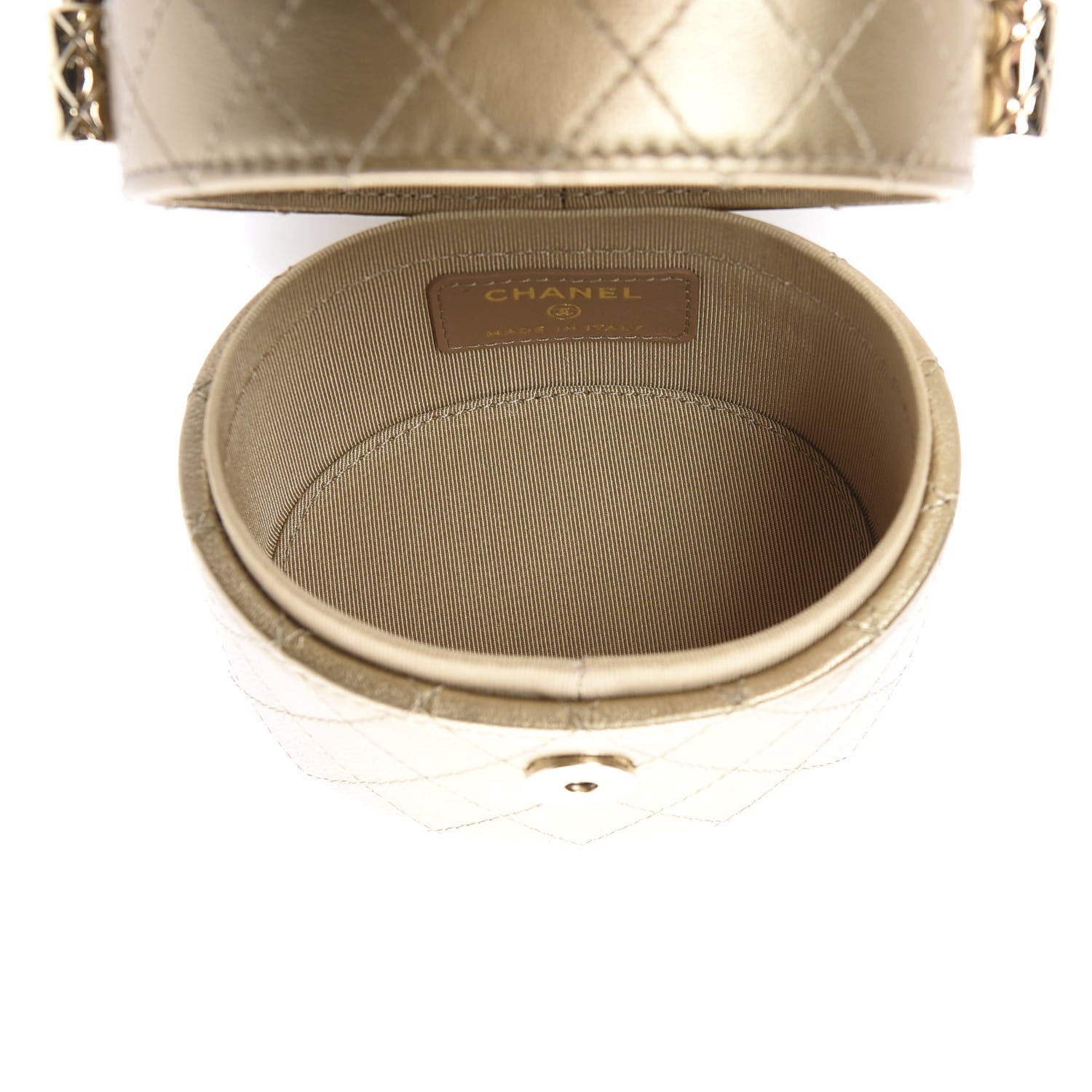 Chanel Metallic Lambskin Quilted Round Mini Vanity Case With Chain Gold 5 of 11