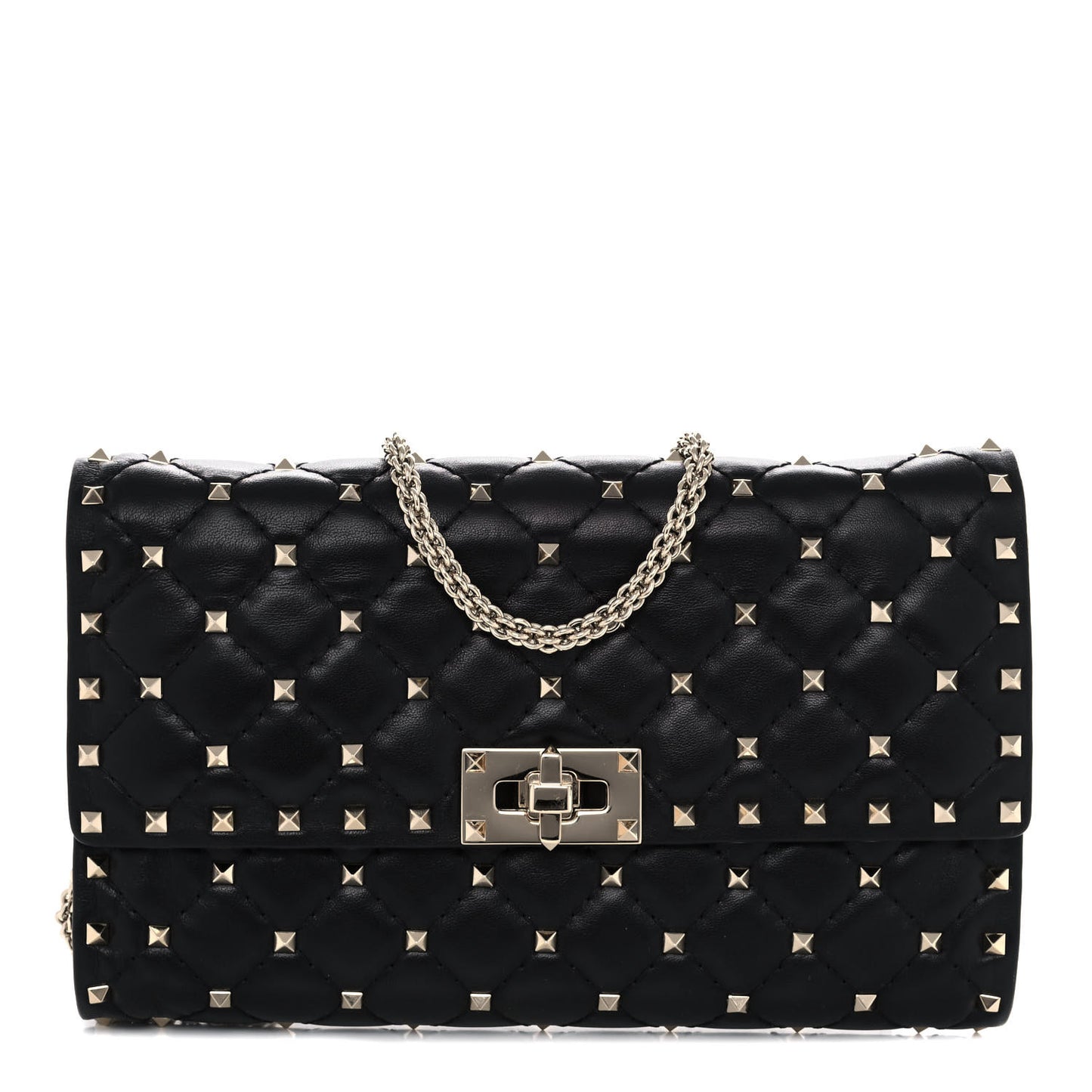 Lambskin Rockstud Spike Wallet on Chain Black