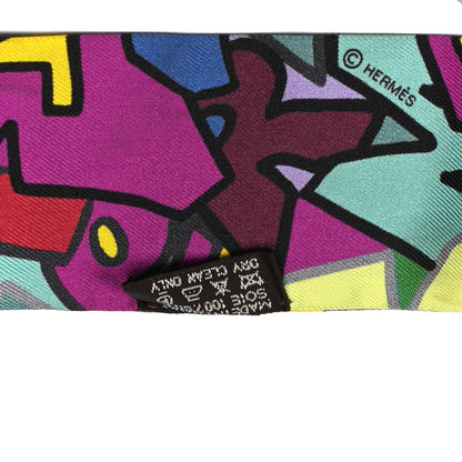 Hermes Silk Graff Graffiti Twilly Fuchsia Kaki Jaune 3 of 7