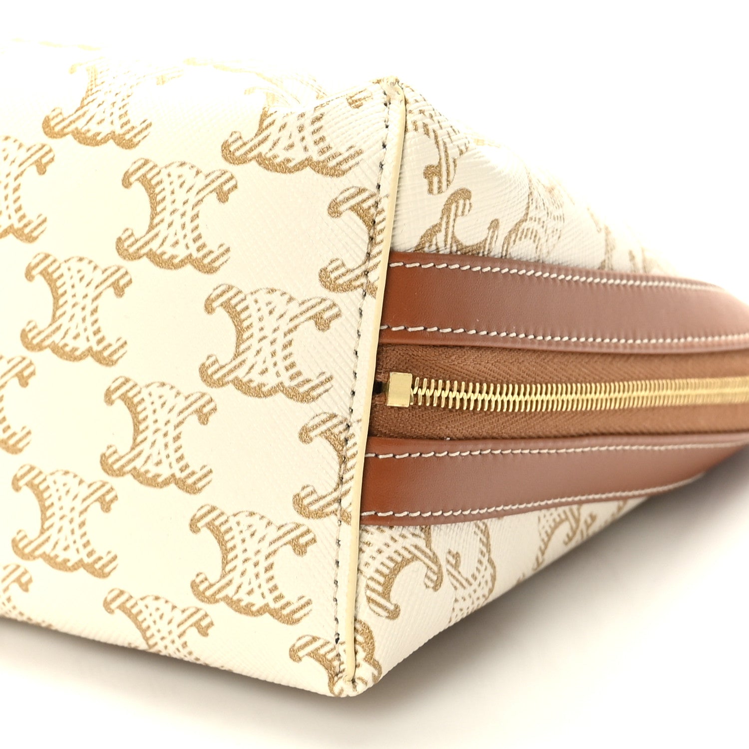 Celine Triomphe Canvas Calfskin Large Cosmetic Pouch White Tan 7 of 7
