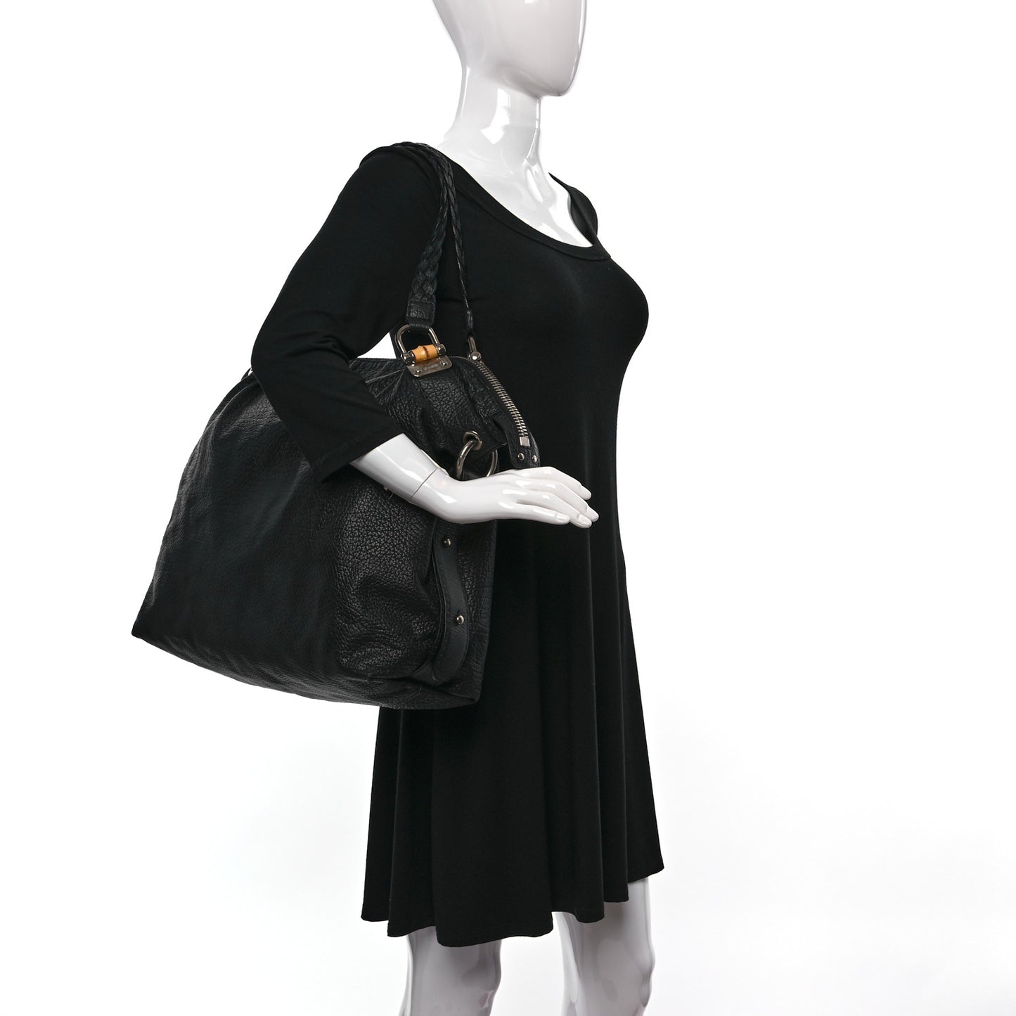 Calfskin Large Bamboo Bar Shoulder Bag Black