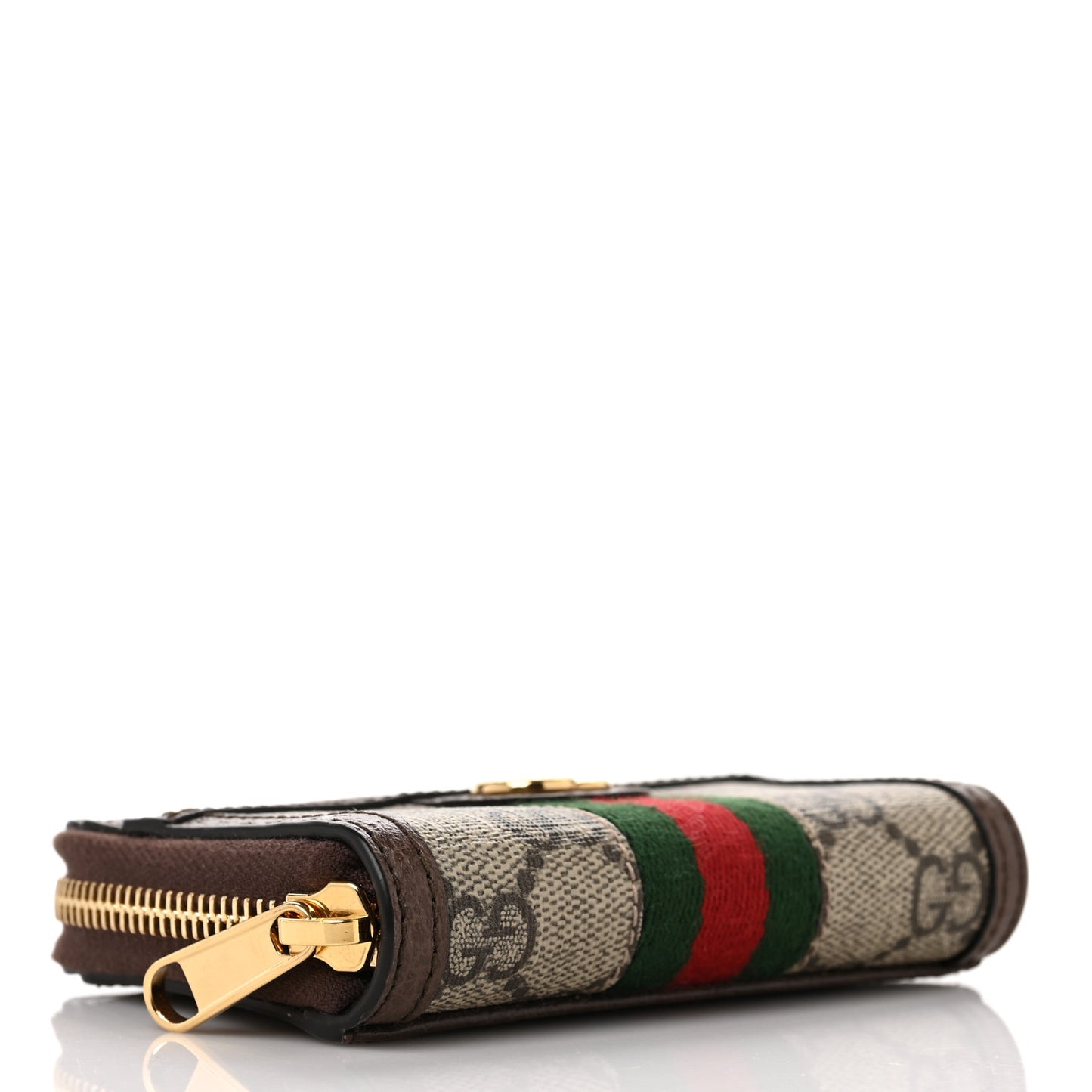 GG Supreme Monogram Textured Dollar Calfskin Web Ophidia Zip Around Card Case Wallet Beige Ebony New Acero