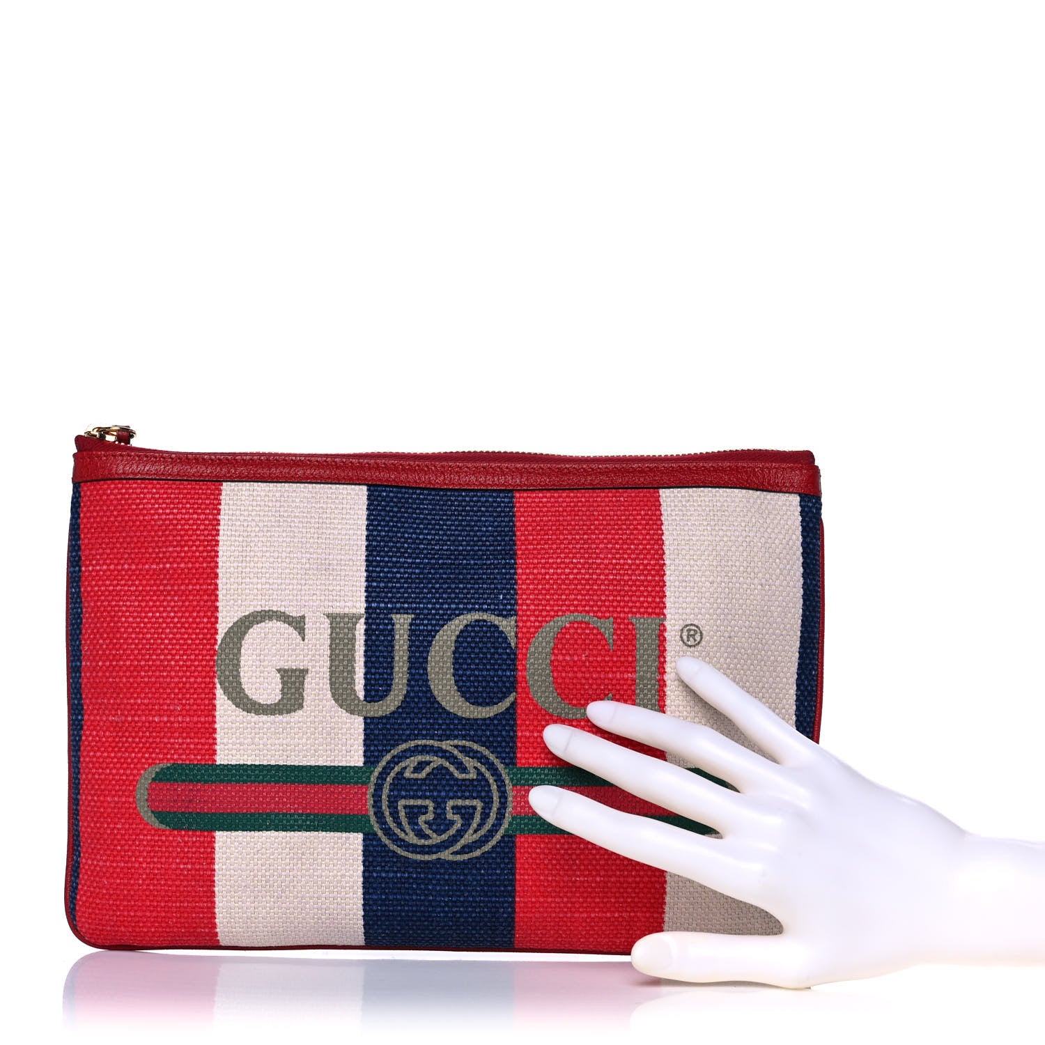 Gucci Canvas Sylvie Stripe Logo Zip Pouch Mystic White Hibiscus Red Maritime 2 of 12