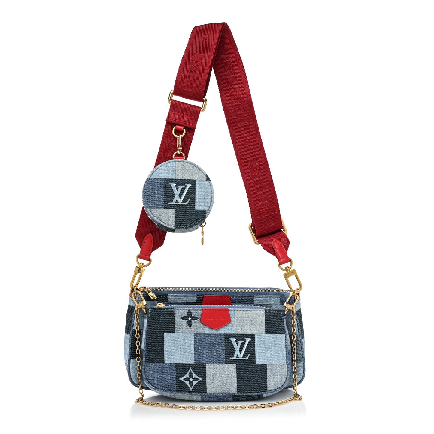 Denim Damier Monogram Patchwork Multi Pochette Accessories Blue Rouge