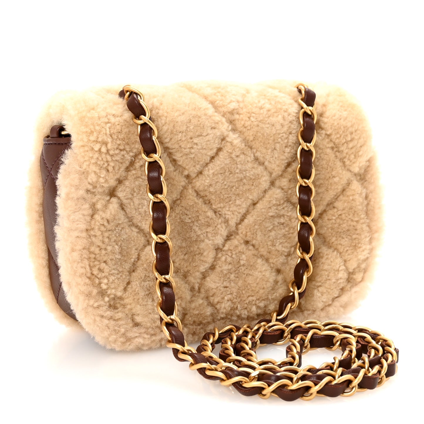 Shearling Lambskin Quilted Mini Furry Coco Flap Beige Dark Brown