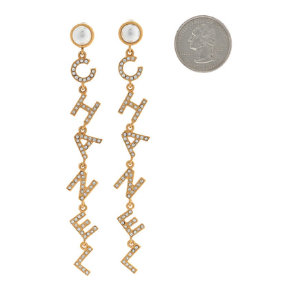 Chanel Crystal Pearl Logo Drop Earrings Gold 2 of 4