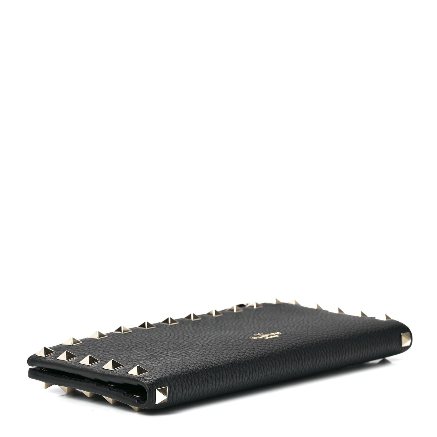 Pebbled Calfskin Rockstud Fold Zip Wallet Black