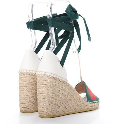 Gucci Canvas Malaga Kid Web Ankle Wrap Espadrille Wedge Sandals 35.5 Green Red Mystic White Emerald 4 of 7