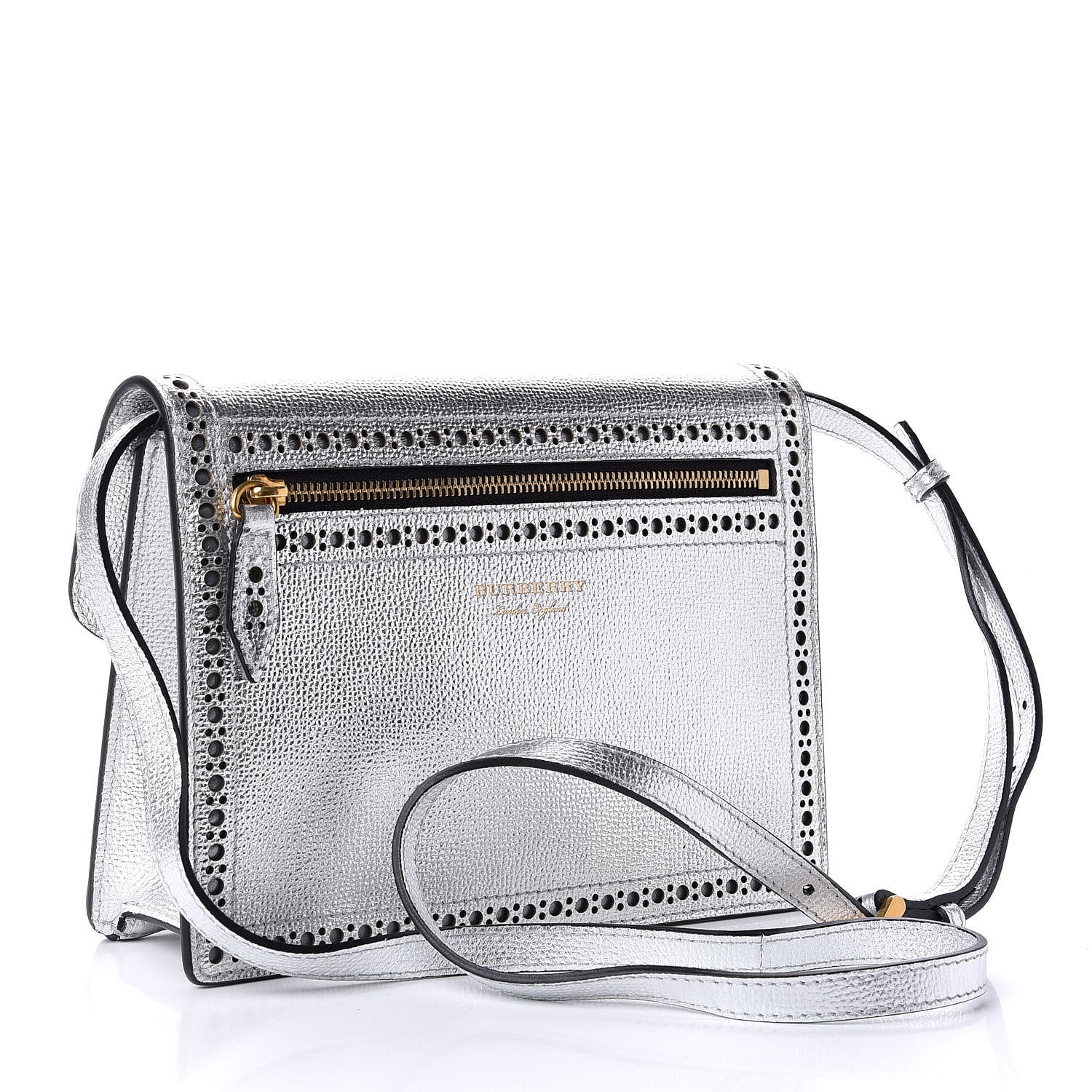 Burberry Metallic Grainy Calfskin Broguing Tassel Small Macken Crossbody Bag Silver 3 of 11