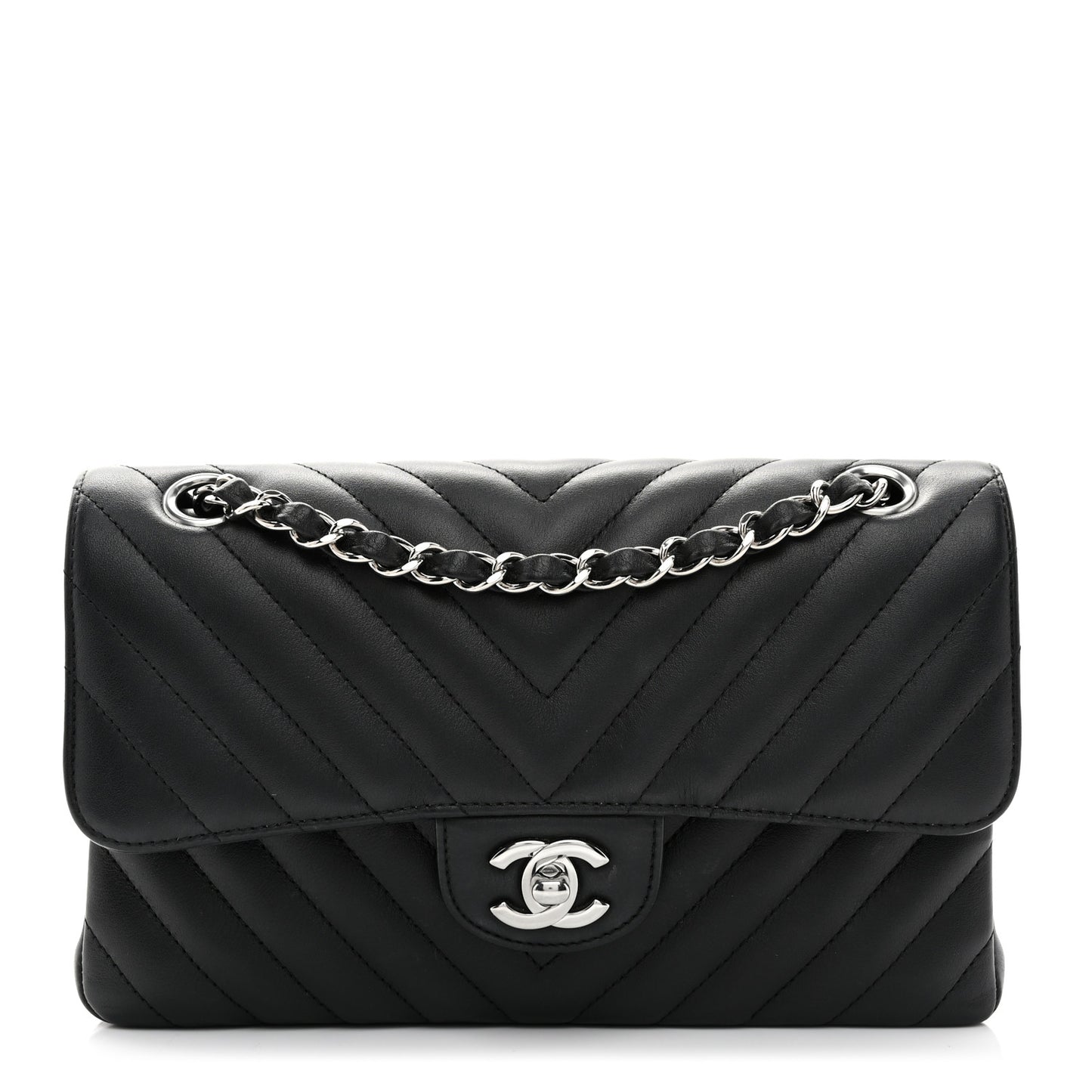 Calfskin Chevron Quilted Small Double Flap Black