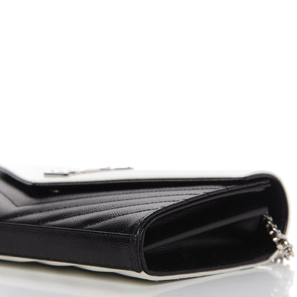 Saint Laurent Grain De Poudre Matelasse Chevron Bi-Color Monogram Chain Wallet White Black 7 of 9