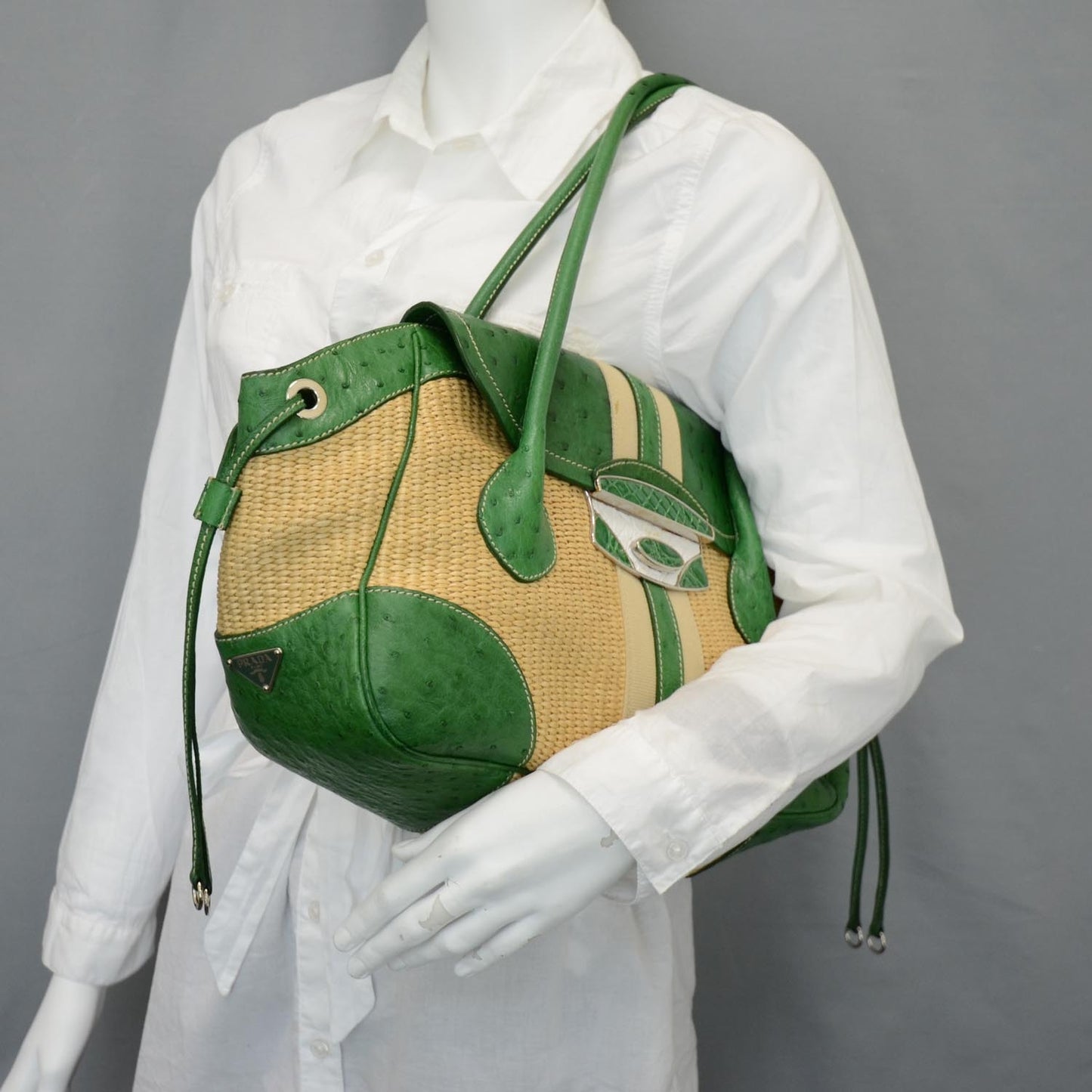 Straw Ostrich Antic Easy Foldover Pushlock Satchel Green