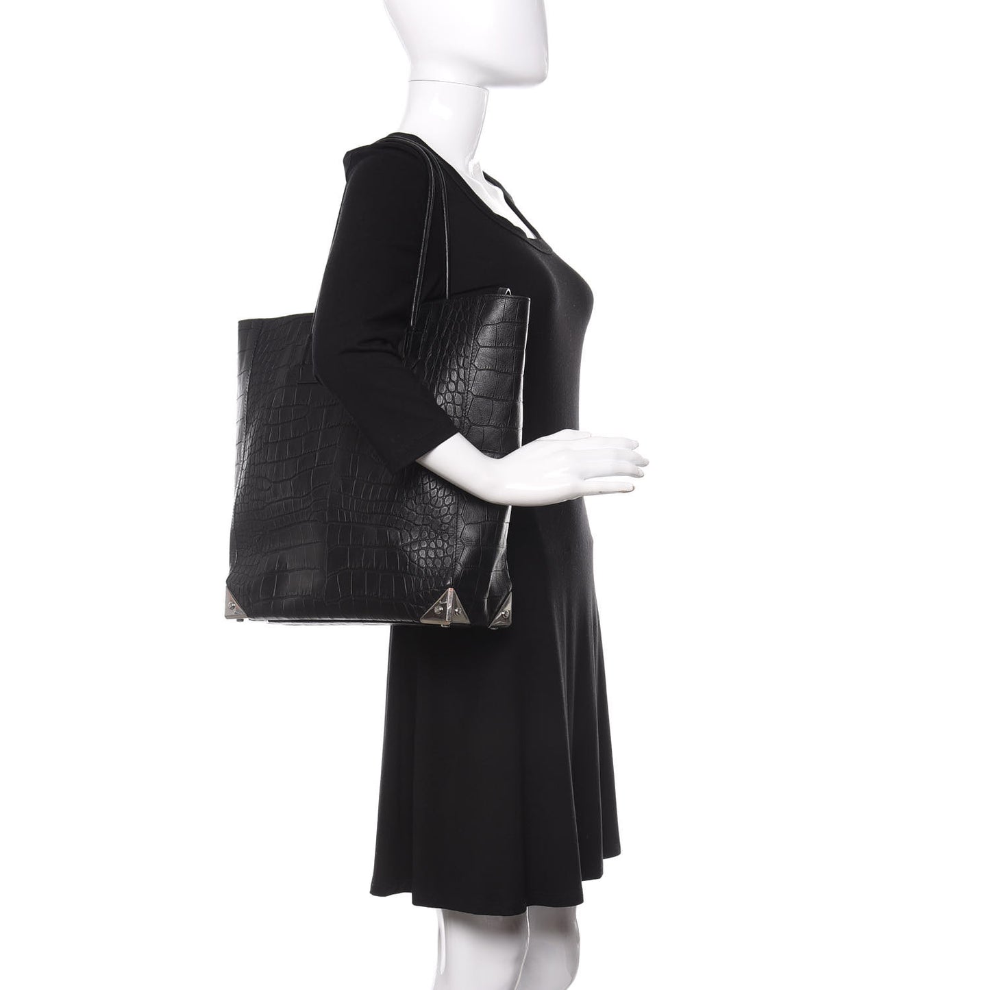 Calfskin Crocodile Embossed Prisma Skeletal Tote Black Silver Hardware