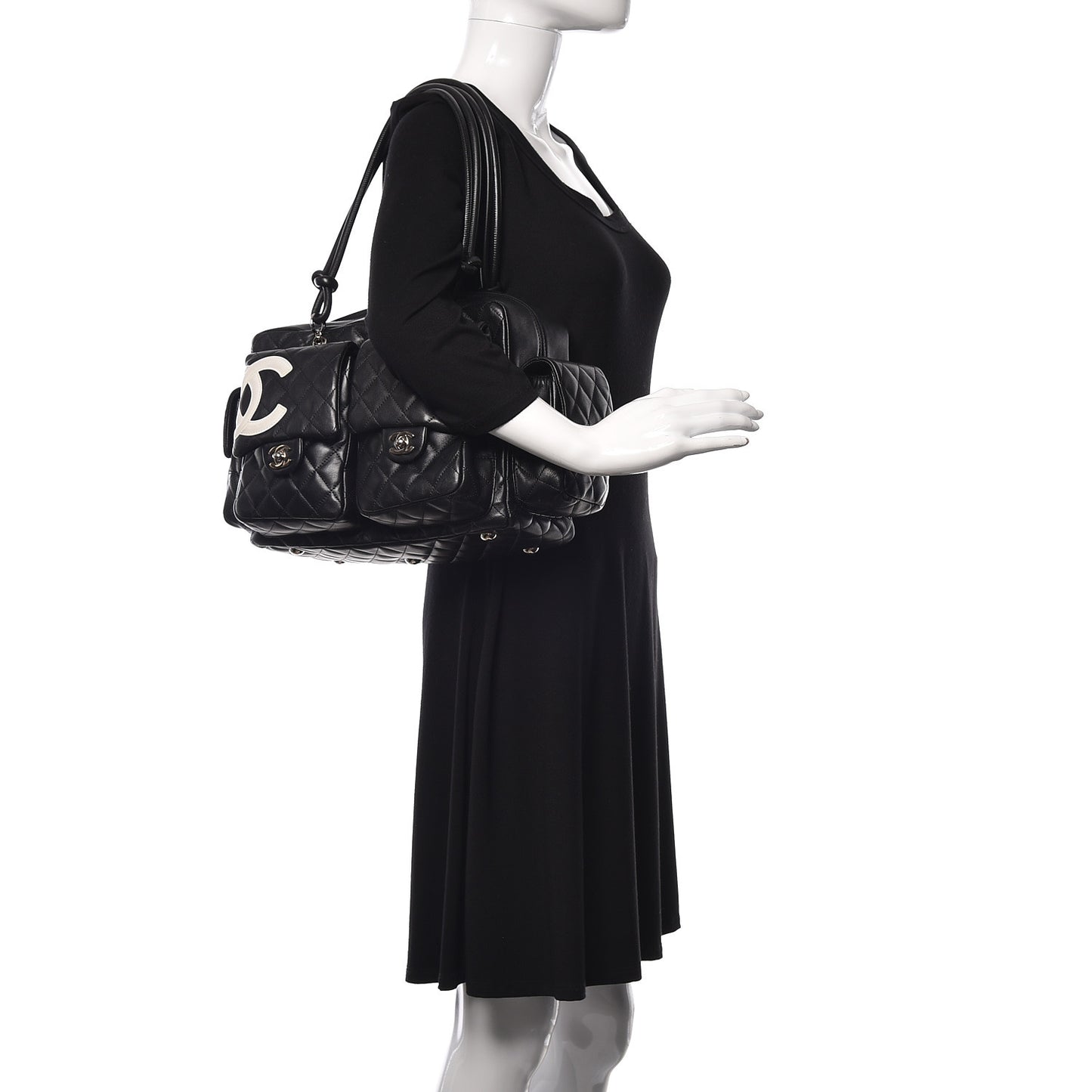 Calfskin Quilted Large Cambon Multipocket Reporter Black White