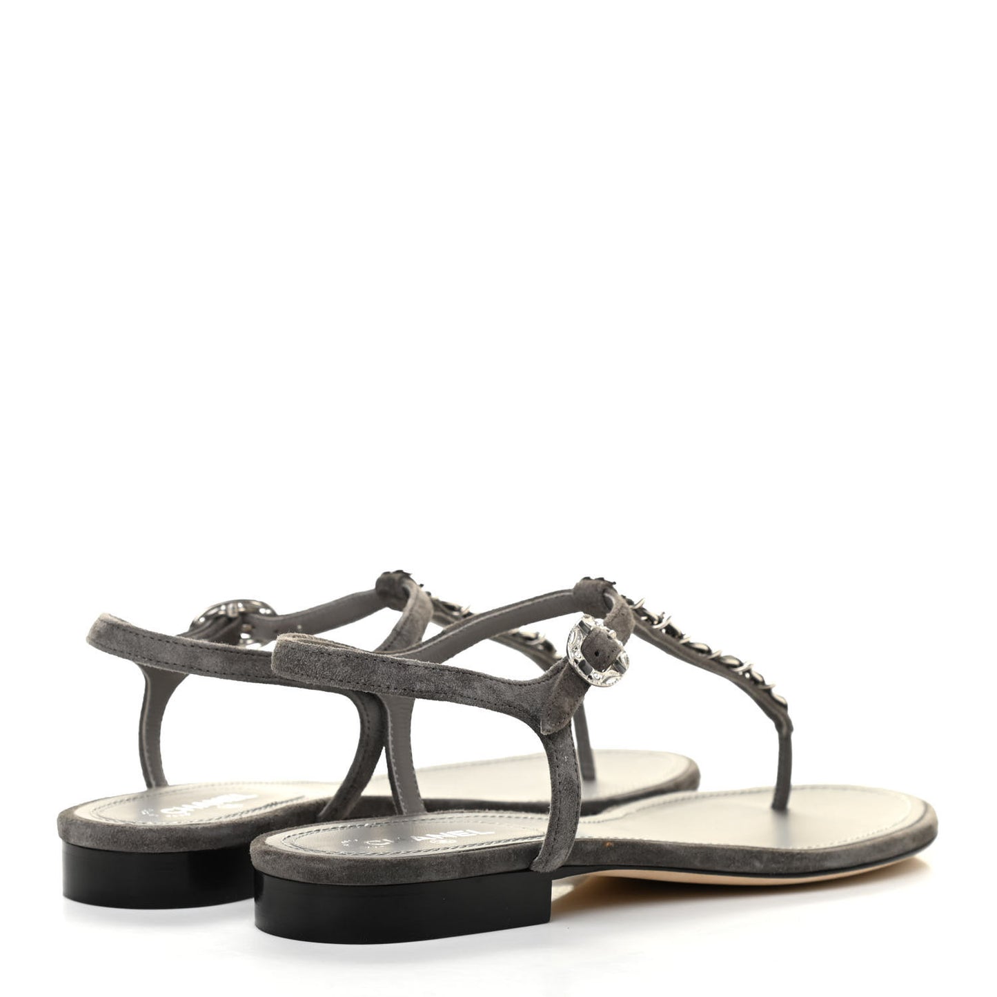 Suede Calfskin Chain Thong Sandals 38.5 Grey