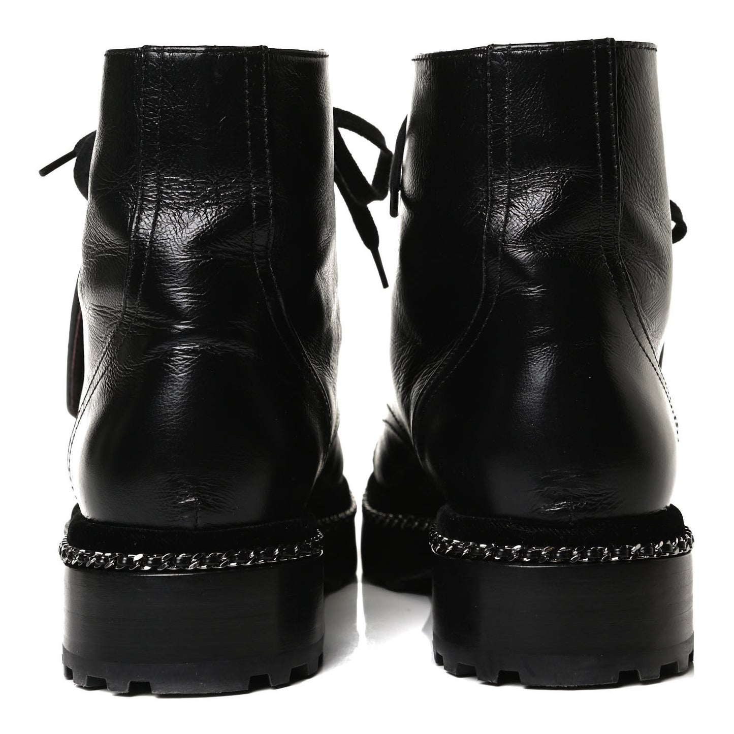 Crackled Calfskin Velvet Pearl Combat Short Boots 37.5 Black