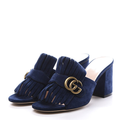 Gucci Kid Scamosciato GG Marmont Fringe 75mm Slide Sandals 38 Blue Ink 2 of 10