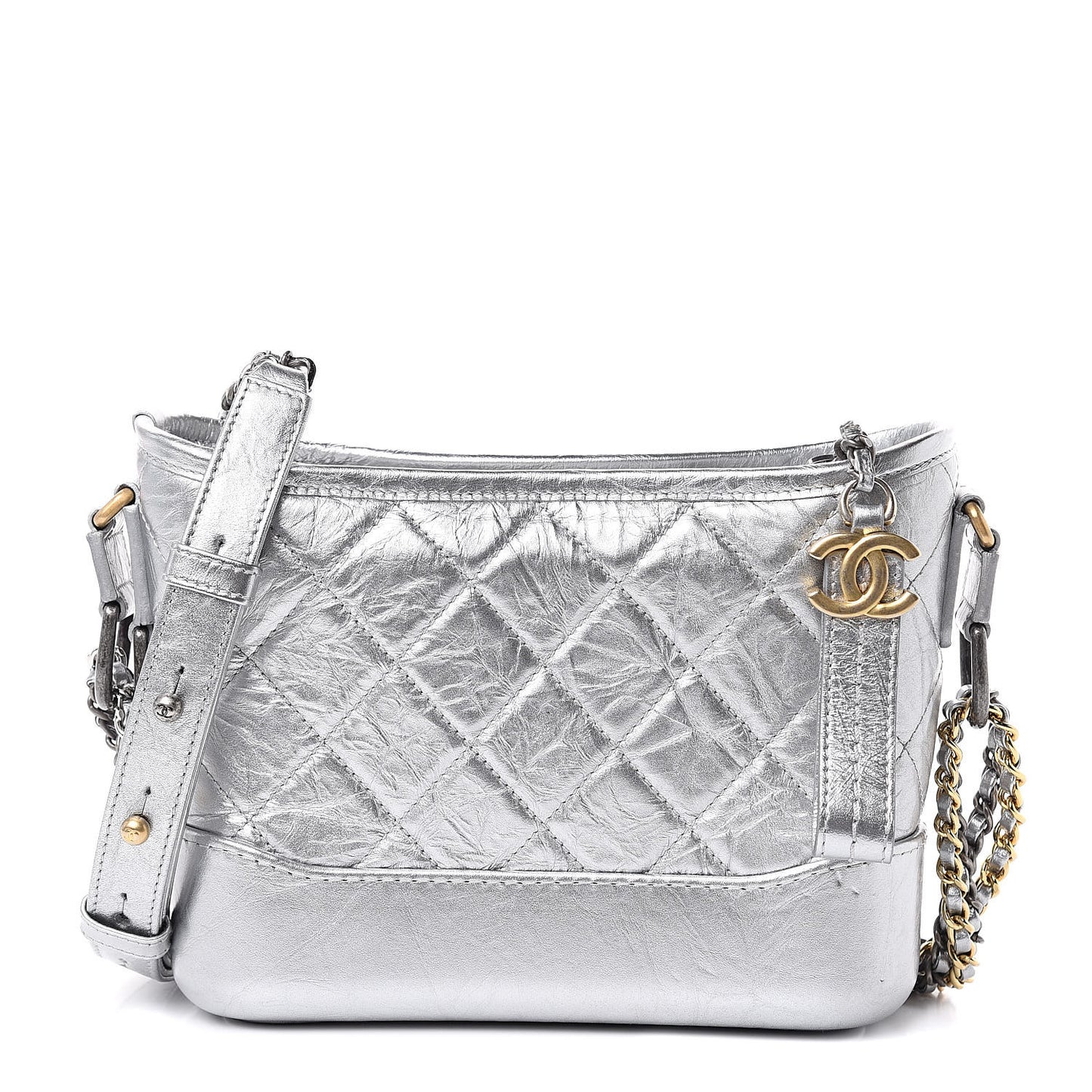 Metallic Aged Calfskin Quilted Small Gabrielle Hobo Silver