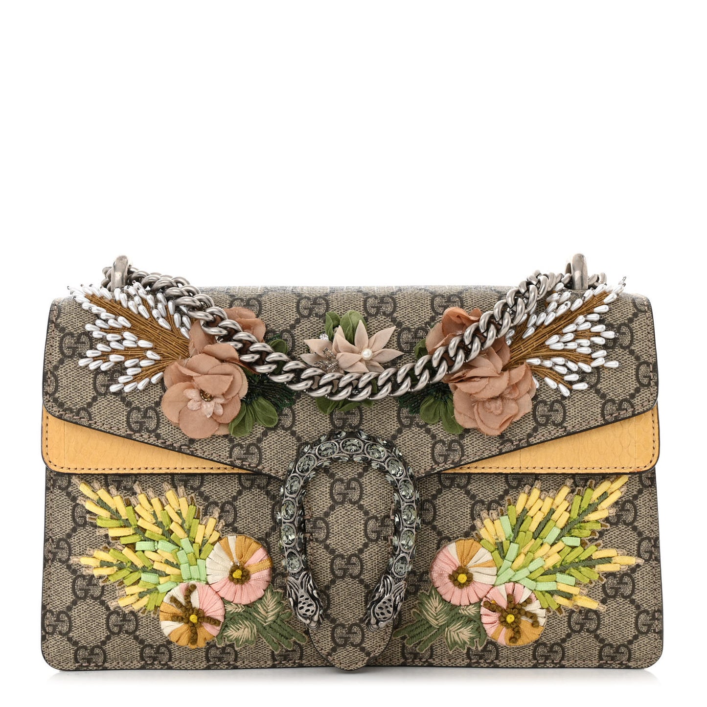GG Supreme Monogram Snakeskin Flower Embroidered Medium Dionysus Shoulder Bag Beige Yellow