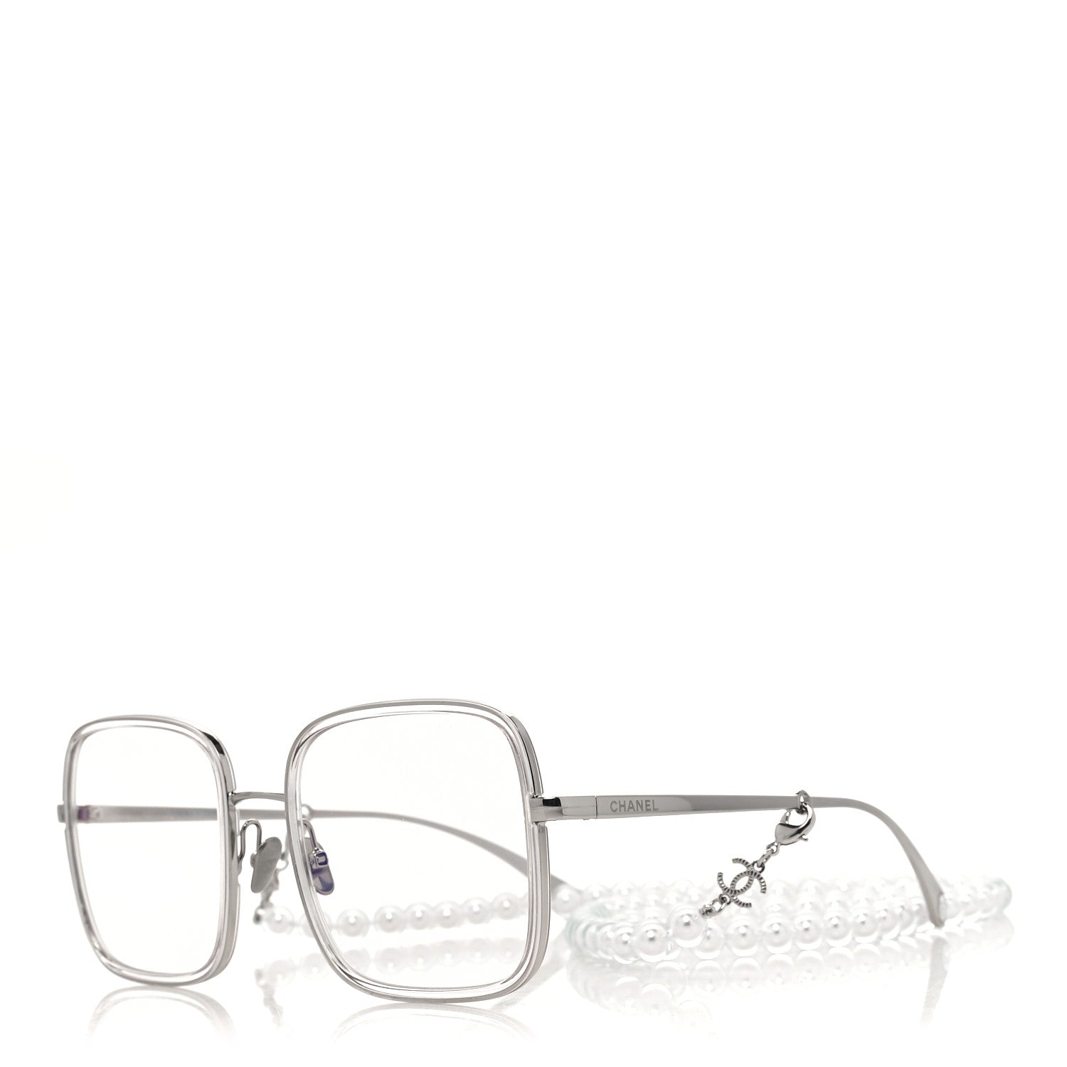 Chanel Metal Removable Pearl Chain Square Eyeglasses 2195-S Silver 1 of 7