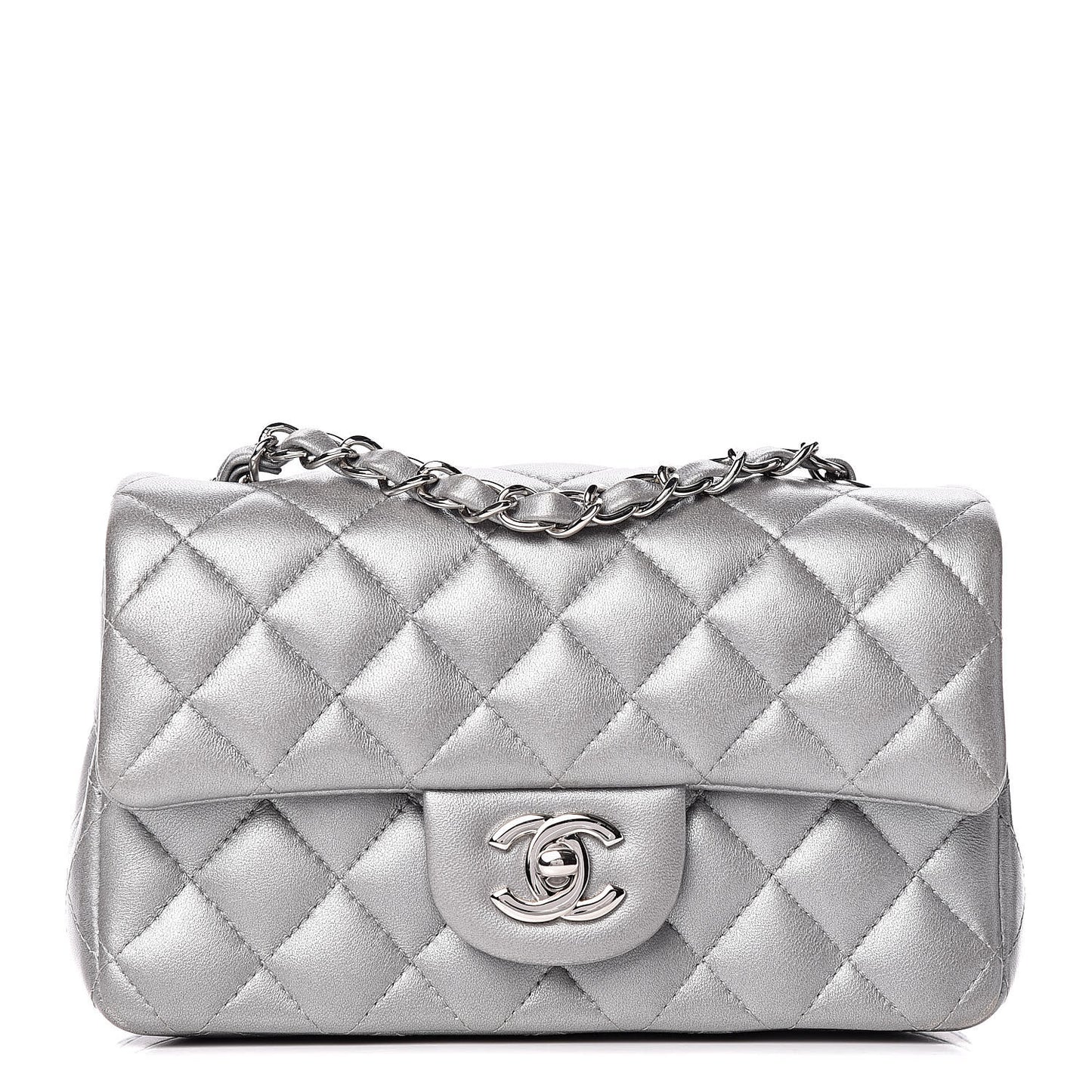 Metallic Lambskin Quilted Mini Rectangular Flap Silver