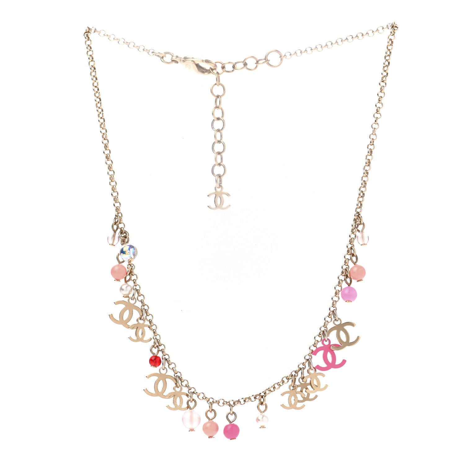 Chanel Beaded Resin CC Necklace Gold Pink 3 of 7