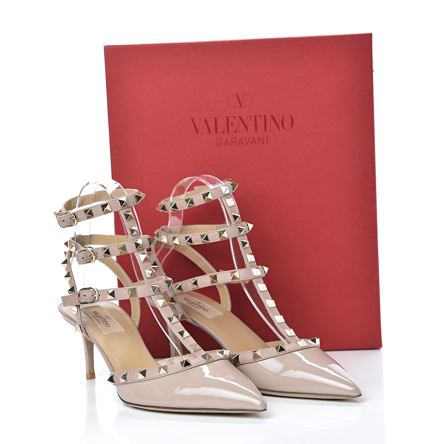Patent Rockstud Ankle Strap Low Heel Pumps 39 Poudre
